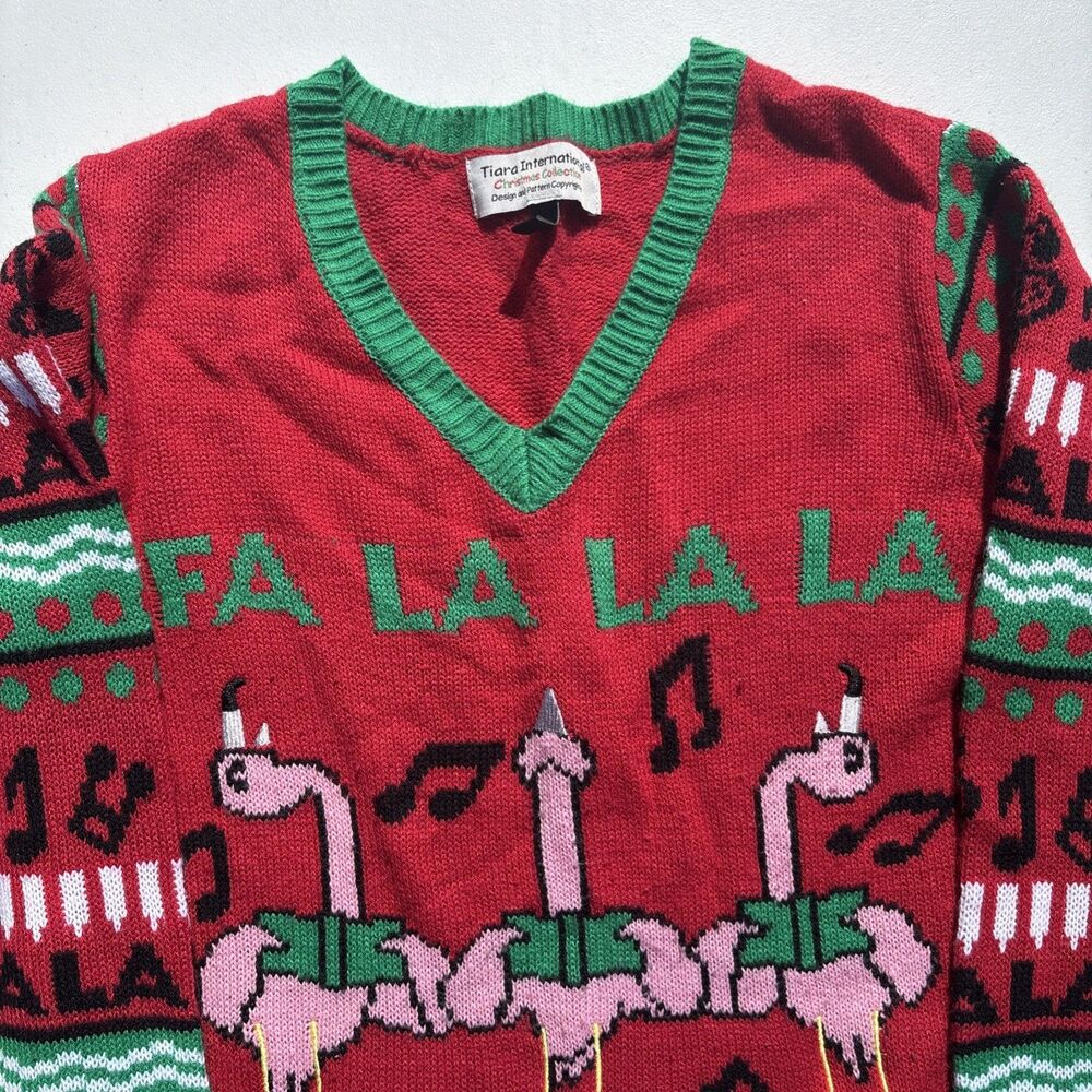 Ugly Christmas Sweater Women’s Lg Red Singing Flamingo Funny Graphic Print